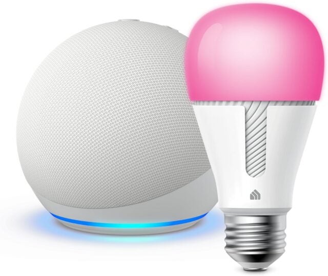 Amazon Echo Dot and a pink hued smart light bulb