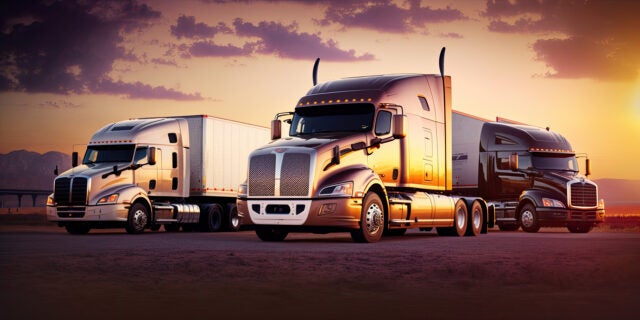 Semi truck vehicles parked at sunset