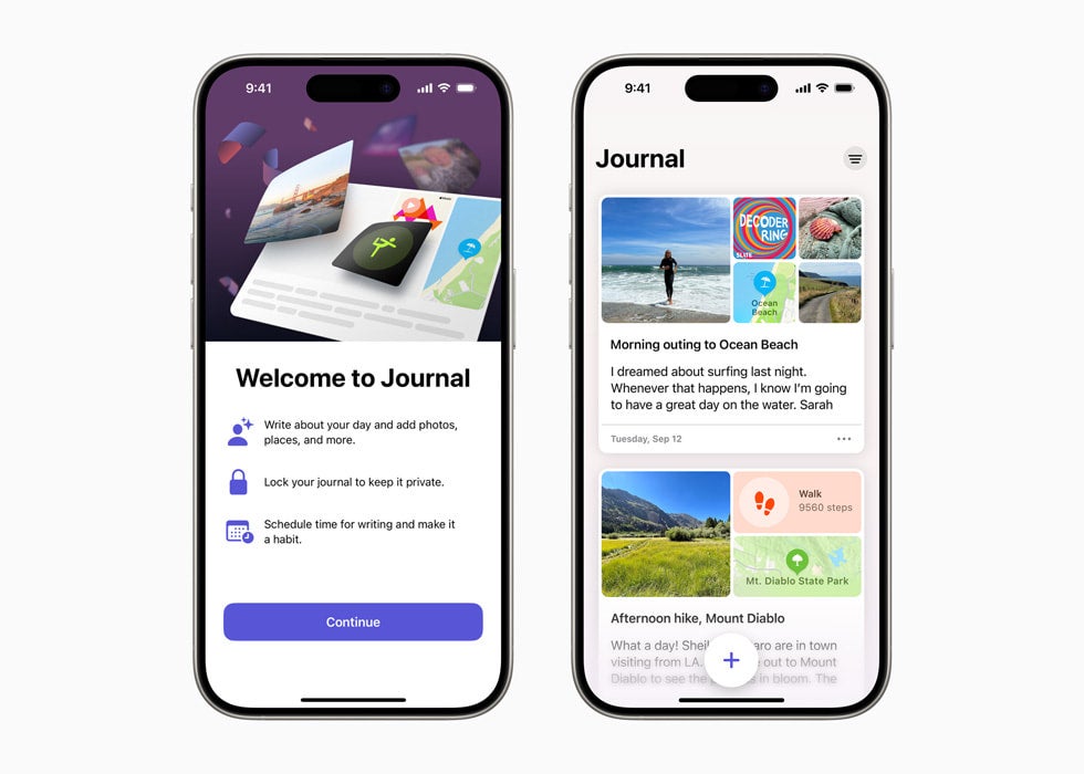 Official press renders of Apple's new Journal app, available as new iOS 17.2 feature