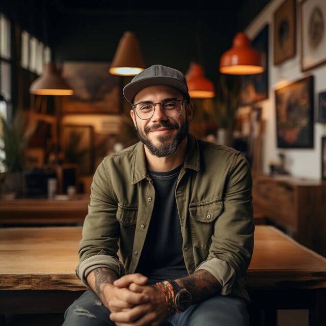 A guy with hovering thumbs, with four-different-lights in the background.