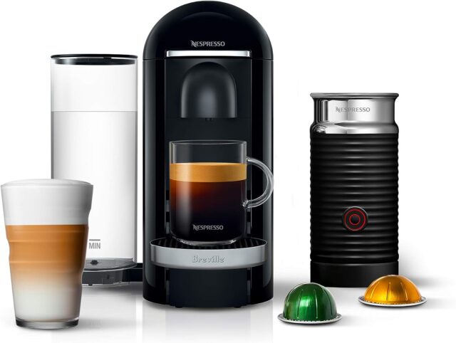 A Nespresso coffee machine with a milk frother to make barista-style beverages working from home