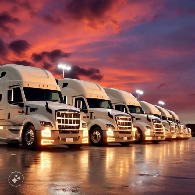 Image of semi trailers parked at sunset by Imagine with Meta AI