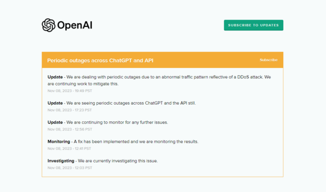 Screenshot of OpenAI's ChatGPT status update page showing the latest information on it going down.