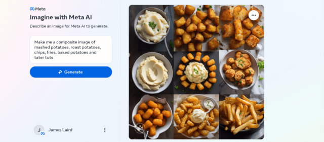 Screenshot of Imagine with Meta AI potato dishes including fries, tots and more